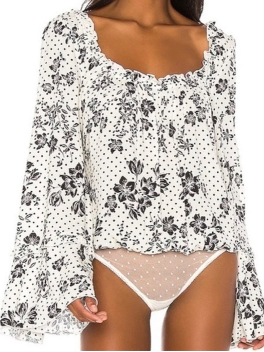 Free People One On One Date Tea Combo Floral Bell Sleeve Bodysuit